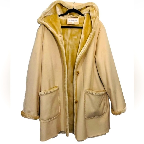 Jones New York Reversible Coat S Hood Faux Fur/Suede Beige Pockets Button Down - Picture 1 of 9